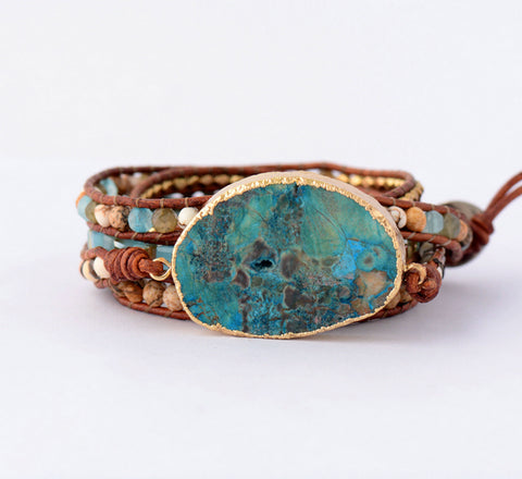 Leather Bracelet Unique Mixed Natural Stones
