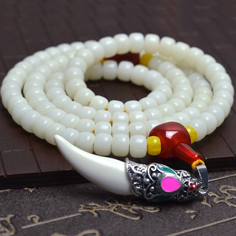 White Bodhi Barrel Beads 108 Rosary Tibet Sliver Tooth Bracelets