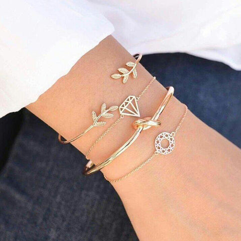 Tocona 4pcs/Set Fashion Bohemia Leaf Knot Hand Cuff Link Chain Charm Bracelet