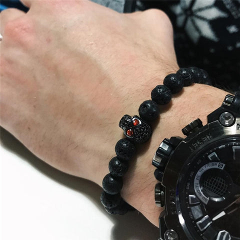 8mm Lava Stone Bead Skull Charm Bracelet